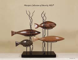 'Aquamarine' 4-Fishes Sculpture, Natural Materials in Black Stone and Iron Stand
